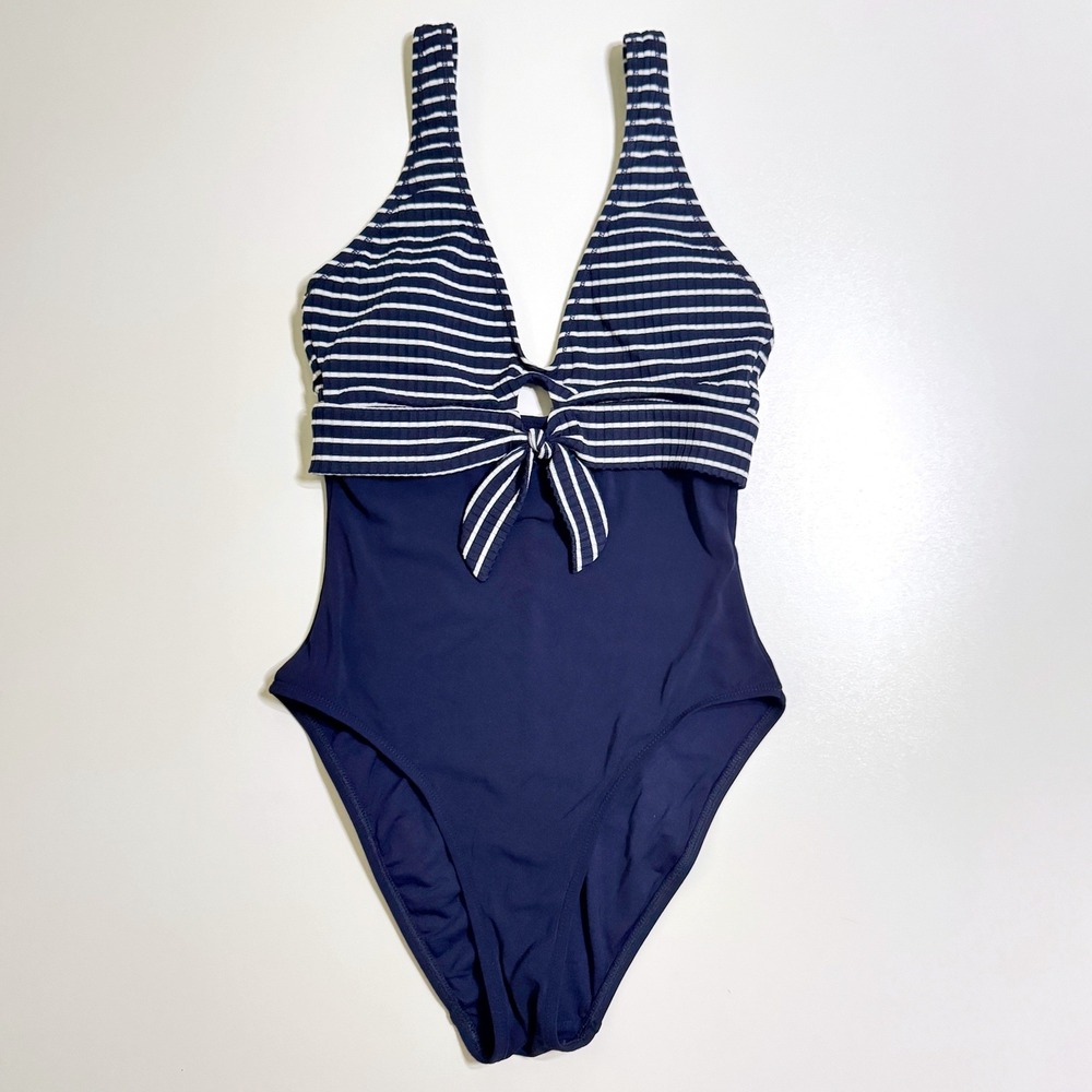 Robin Piccone Ave Knot One Piece Swimsuit 10 Navy Blue Striped Front Tie V-Neck